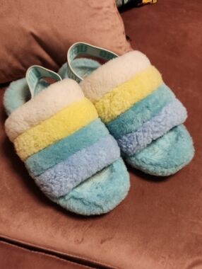 UGG Fuzzy Multicolor Stripe Slide Slippers - Pastel Blue, Yellow, Cream